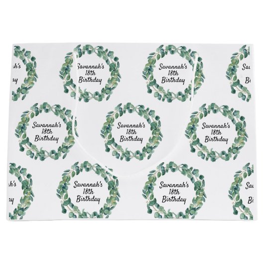 Grand Sac Cadeau Eeucalyptus vert d'anniversaire nom script (Devant)