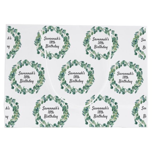 Grand Sac Cadeau Eeucalyptus vert d'anniversaire nom script (Dos)