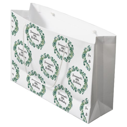 Grand Sac Cadeau Eeucalyptus vert d'anniversaire nom script (Devant Angle)