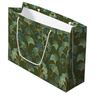 Grand Sac Cadeau Élégance Ginkgo Émeraude – Botanique Luxeuse Or (1