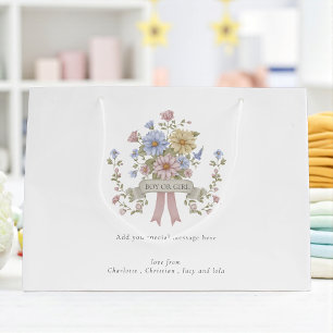 Grand Sac Cadeau élégant baby shower pastel à fleurs