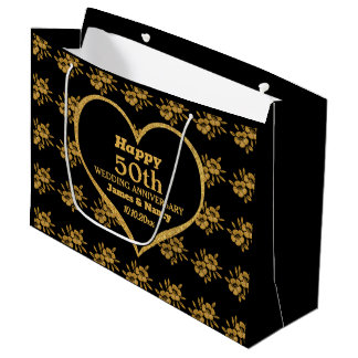 Grand Sac Cadeau Élégant Black Gold Flower 50e anniversaire Mariage