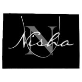 Grand Sac Cadeau Élégant Blanc Gris Monogramme Nom Noir  (Dos)