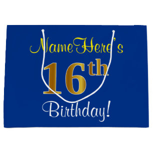 Grand Sac Cadeau Élégant, bleu, anniversaire d'or de Faux 16ème