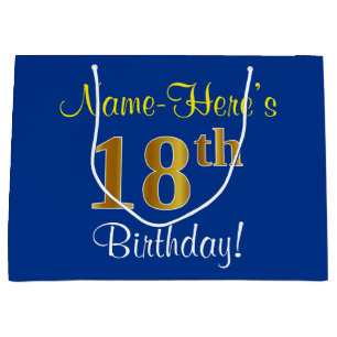 Grand Sac Cadeau Élégant, bleu, anniversaire d'or de Faux 18ème