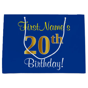 Grand Sac Cadeau Élégant, bleu, anniversaire d'or de Faux 20ème