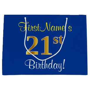 Grand Sac Cadeau Élégant, bleu, anniversaire d'or de Faux 21ème