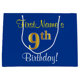 Grand Sac Cadeau Élégant, bleu, anniversaire d'or de Faux 9ème ;