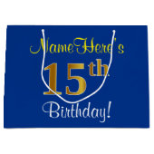 Grand Sac Cadeau Elégant, Bleu, Faux Or 15ème Anniversaire + Nom (Devant)