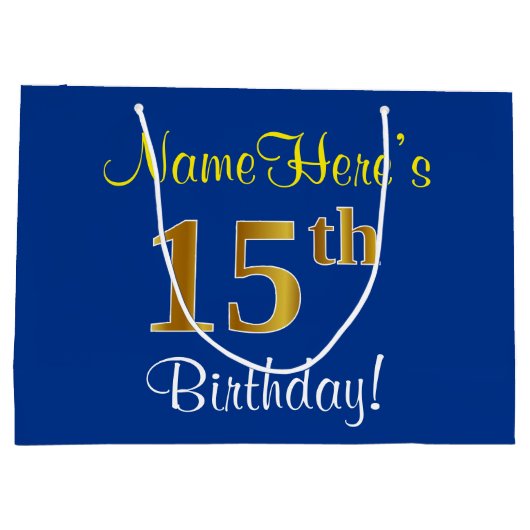 Grand Sac Cadeau Elégant, Bleu, Faux Or 15ème Anniversaire + Nom (Dos)