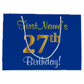 Grand Sac Cadeau Elégant, Bleu, Faux Or 27ème Anniversaire + Nom (Dos)