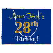 Grand Sac Cadeau Elégant, Bleu, Faux Or 28ème Anniversaire + Nom (Dos)