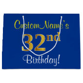 Grand Sac Cadeau Elégant, Bleu, Faux Or 32ème Anniversaire + Nom (Devant)