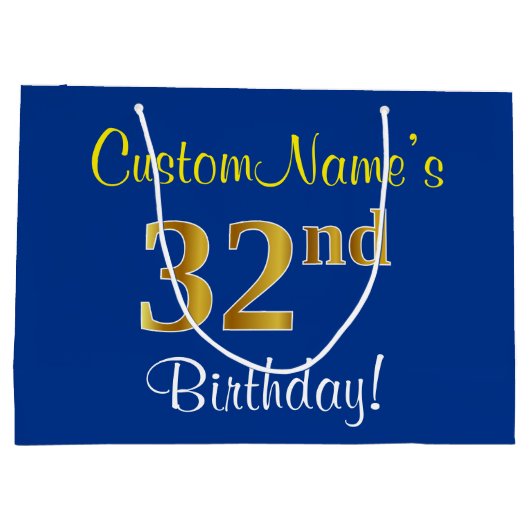 Grand Sac Cadeau Elégant, Bleu, Faux Or 32ème Anniversaire + Nom (Dos)