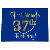 Grand Sac Cadeau Elégant, Bleu, Faux Or 37ème Anniversaire + Nom (Devant)