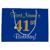 Grand Sac Cadeau Elégant, Bleu, Faux Or 41ème Anniversaire + Nom (Dos)