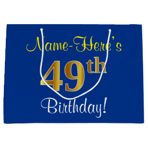 Grand Sac Cadeau Elégant, Bleu, Faux Or 49ème Anniversaire + Nom