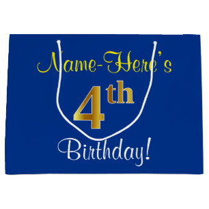 Grand Sac Cadeau Elégant, Bleu, Faux Or 4ème Anniversaire; Nom pers