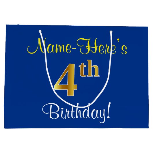 Grand Sac Cadeau Elégant, Bleu, Faux Or 4ème Anniversaire; Nom pers (Dos)