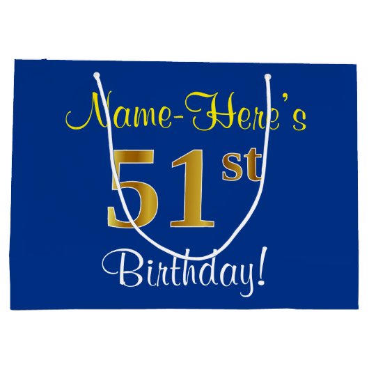 Grand Sac Cadeau Elégant, Bleu, Faux Or 51ème Anniversaire + Nom (Dos)