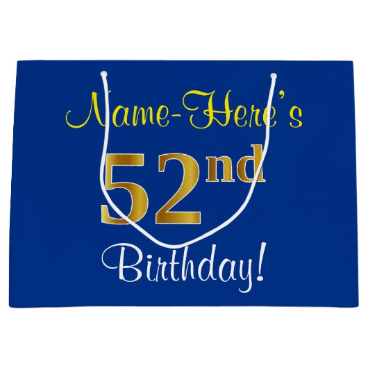 Grand Sac Cadeau Elégant, Bleu, Faux Or 52ème Anniversaire + Nom (Devant)