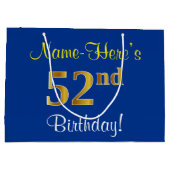 Grand Sac Cadeau Elégant, Bleu, Faux Or 52ème Anniversaire + Nom (Dos)