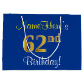 Grand Sac Cadeau Elégant, Bleu, Faux Or 62ème Anniversaire + Nom (Dos)