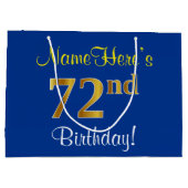 Grand Sac Cadeau Elégant, Bleu, Faux Or 72ème Anniversaire + Nom (Dos)