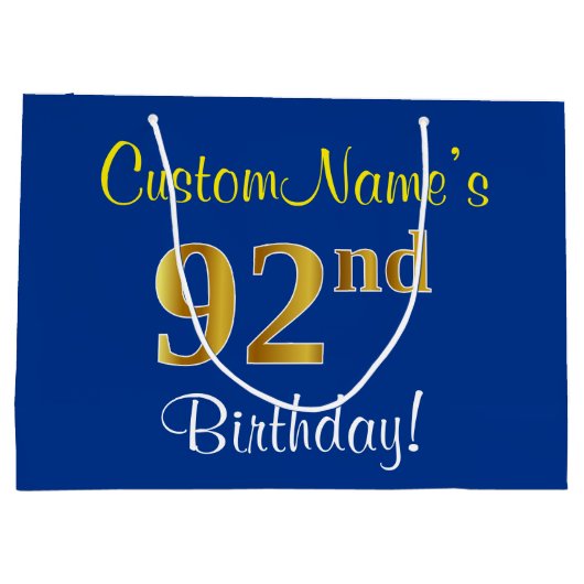 Grand Sac Cadeau Elégant, Bleu, Faux Or 92ème Anniversaire + Nom (Dos)