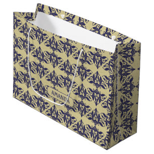 Grand Sac Cadeau Élégant Bleu Nuit Jaune Damassé Vintage Monogramme