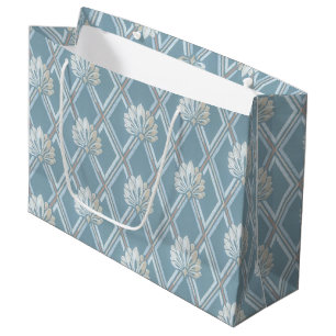 Grand Sac Cadeau Élégant bleu treillis ivoire Ventilateurs de plume