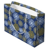 Grand Sac Cadeau Élégant Blue Gold Snowflakes Noël (Dos Angle)
