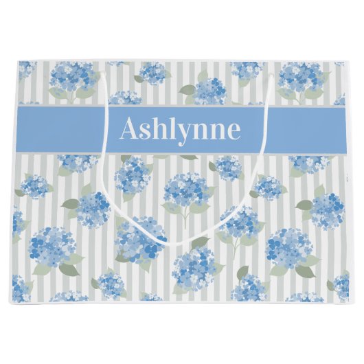 Grand Sac Cadeau Elegant Blue Hydrangea Pattern Gray Stripe Name (Devant)