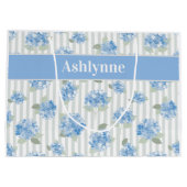 Grand Sac Cadeau Elegant Blue Hydrangea Pattern Gray Stripe Name (Dos)