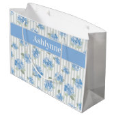 Grand Sac Cadeau Elegant Blue Hydrangea Pattern Gray Stripe Name (Dos Angle)