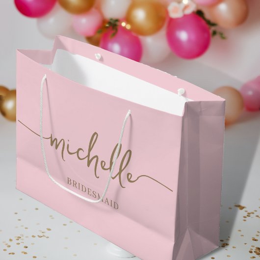 Grand Sac Cadeau Élégant Blush Pink Chic Gold Monogramme Script