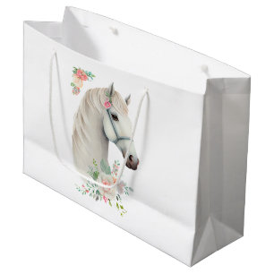 Grand Sac Cadeau Élégant Boho Cheval Blanc Floral