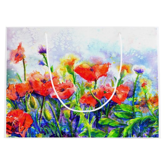 Grand Sac Cadeau Elégant boho rouge aquarelle Poppy Fields (Devant)