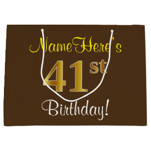 Grand Sac Cadeau Elégant, Brown, Faux Gold 41ème Anniversaire + Nom