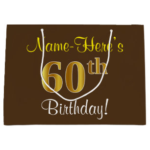 Grand Sac Cadeau Elégant, Brown, Faux Gold 60e anniversaire + Nom