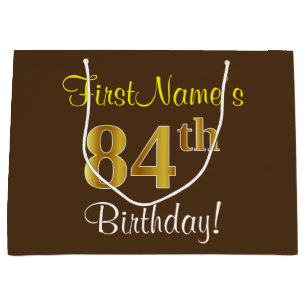 Grand Sac Cadeau Elégant, Brown, Faux Gold 84ème anniversaire + Nom