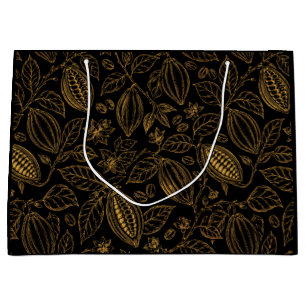 Grand Sac Cadeau Élégant Cacao Fleur Fruit Noir Or Entreprise