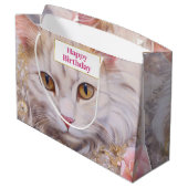 Grand Sac Cadeau Élégant chat blanc en or et diamants Anniversaire (Dos Angle)