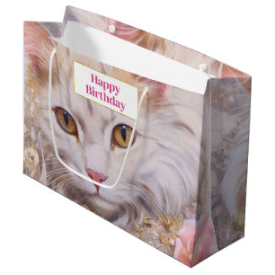 Grand Sac Cadeau Élégant chat blanc en or et diamants Anniversaire