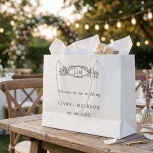 Grand Sac Cadeau Élégant & Chic mariage monogramme de crête botaniq