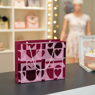 Grand Sac Cadeau Élégant Coeurs géométriques modernes Soft Rose Vin