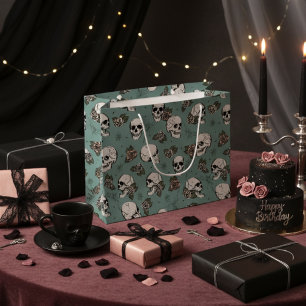 Grand Sac Cadeau Elégant crâne gothique vert et Halloween Rose