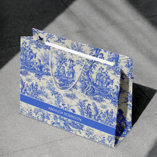 Grand Sac Cadeau Élégant design vintage bleu Toile de Jouy français
