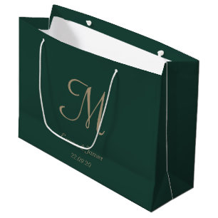 Grand Sac Cadeau Élégant Emerald Green Gold Monogramme Nom Mariage