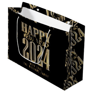 Grand Sac Cadeau Élégant Gold Look Script Black Happy New Year 2024